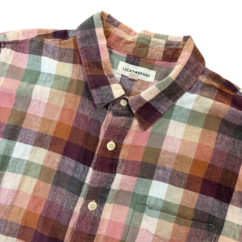 Lucky Brand Mens XL Short Sleeve Plaid Button Down Shirt Multicolor Earth‎ Tones